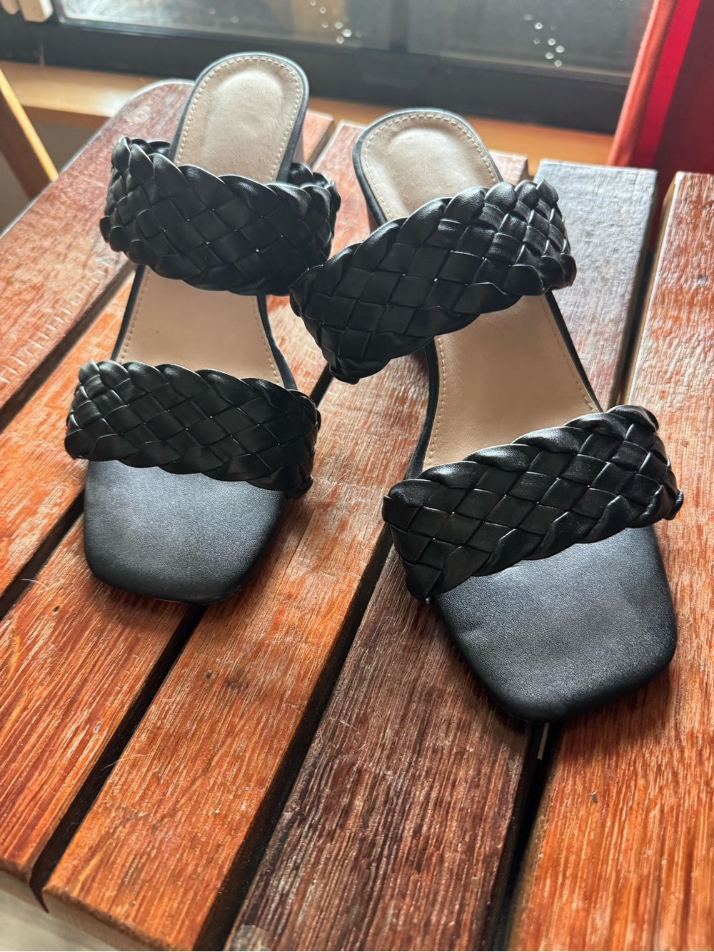 Braided Double-Strap Black Slide Sandals - Women's